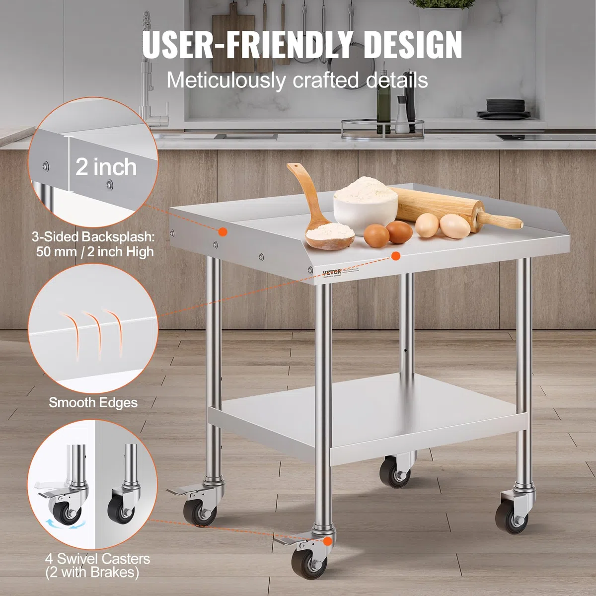 VEVOR Edelstahl-Arbeitstisch, Gewerblicher Arbeitstisch zur Lebensmittelzubereitung mit 4 Rädern, Lenkrollen, 3-seitiger Spritzschutz, Ideal für Restaurants, Hotels, 61 x 71 x 76cm