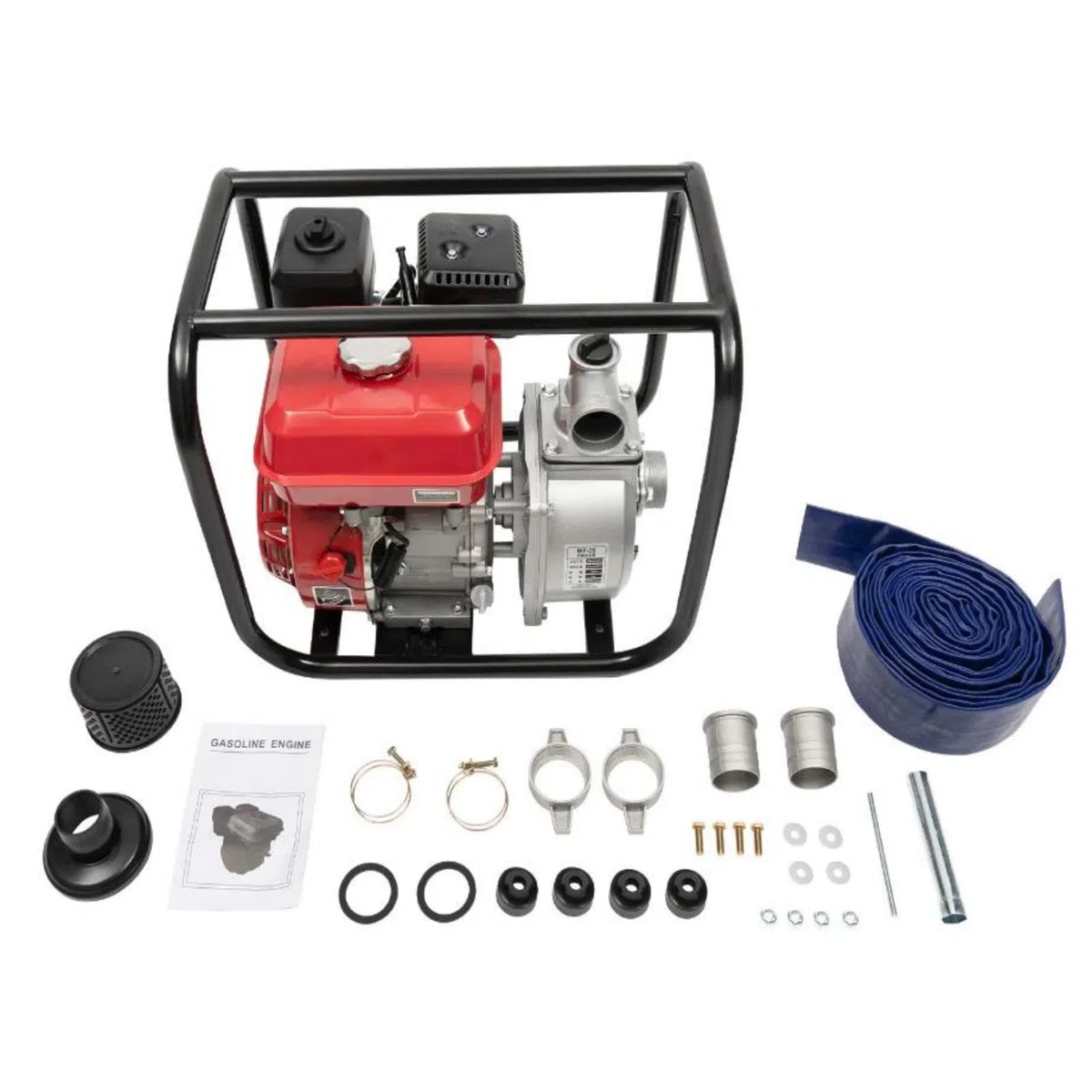2" Benzin Wasserpumpe, 7,5PS 26m Förderhöhe, 36.000 l/h, Gartenpumpe Schmutzwasserpumpe mit 4-Takt-Motor und 7m Schlauch, Benzin Pumpe, Seilzugstart, Metallfuß, Tragegriff