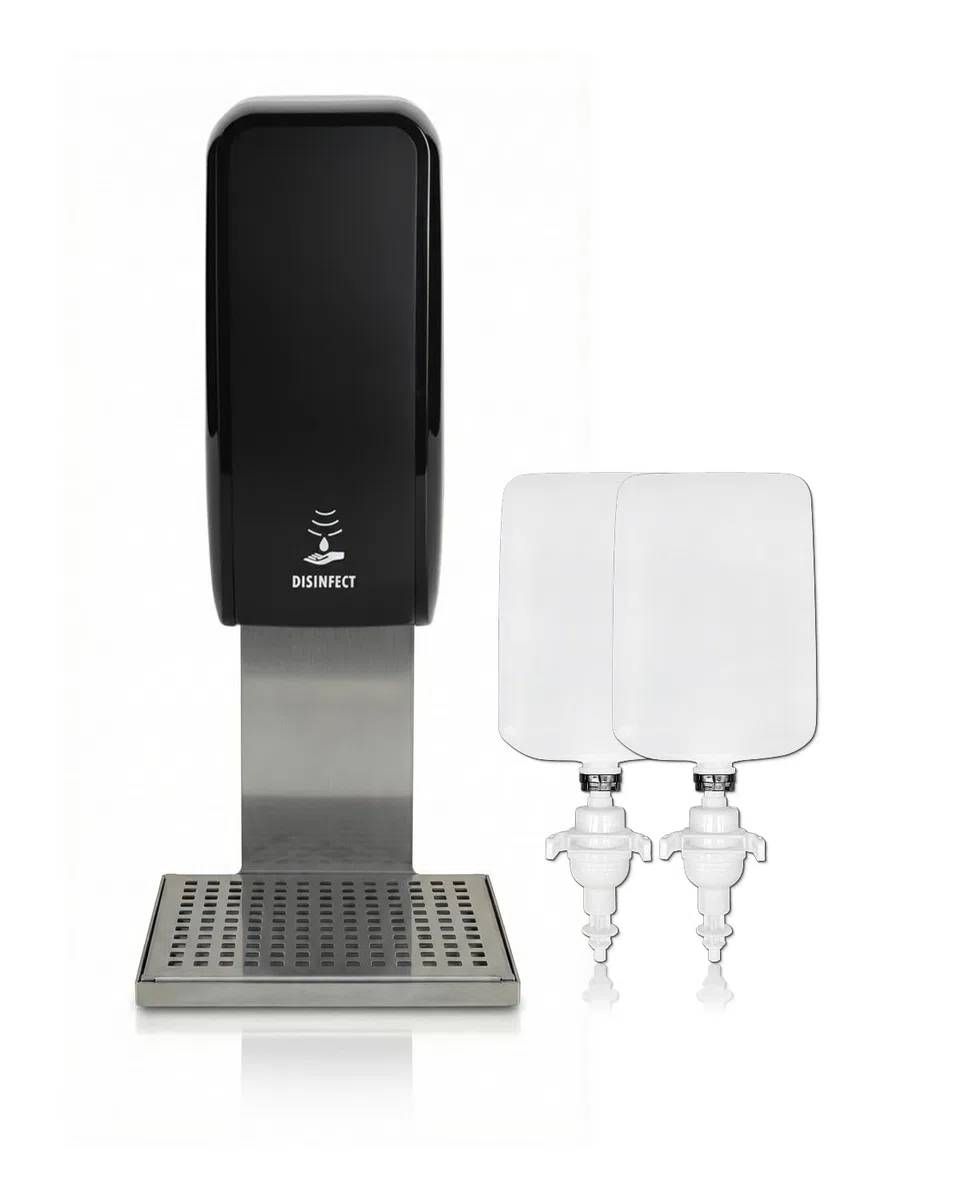 Set Cosmos Sensor Desinfektionsspender + Schale Schwarz | Berührungsloser Cosmos Desinfektionsspender mit Sensor, Auffangschale und 2x1 L Händedesinfektion für 2.000 Anwendungen