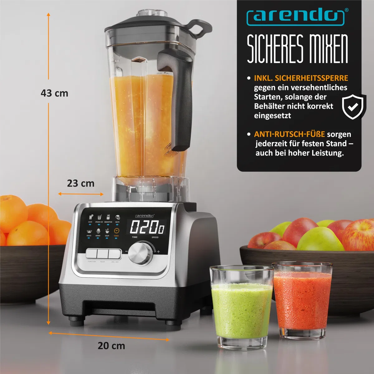 Arendo – Hochleistungsmixer 2000 Watt - Standmixer Edelstahl - 2 Liter Fassungsvermögen – mit Display - 9 Geschwindigkeitsstufen – hochwertige Edelstahl-Messereinheit – 3 voreingestellte Programme