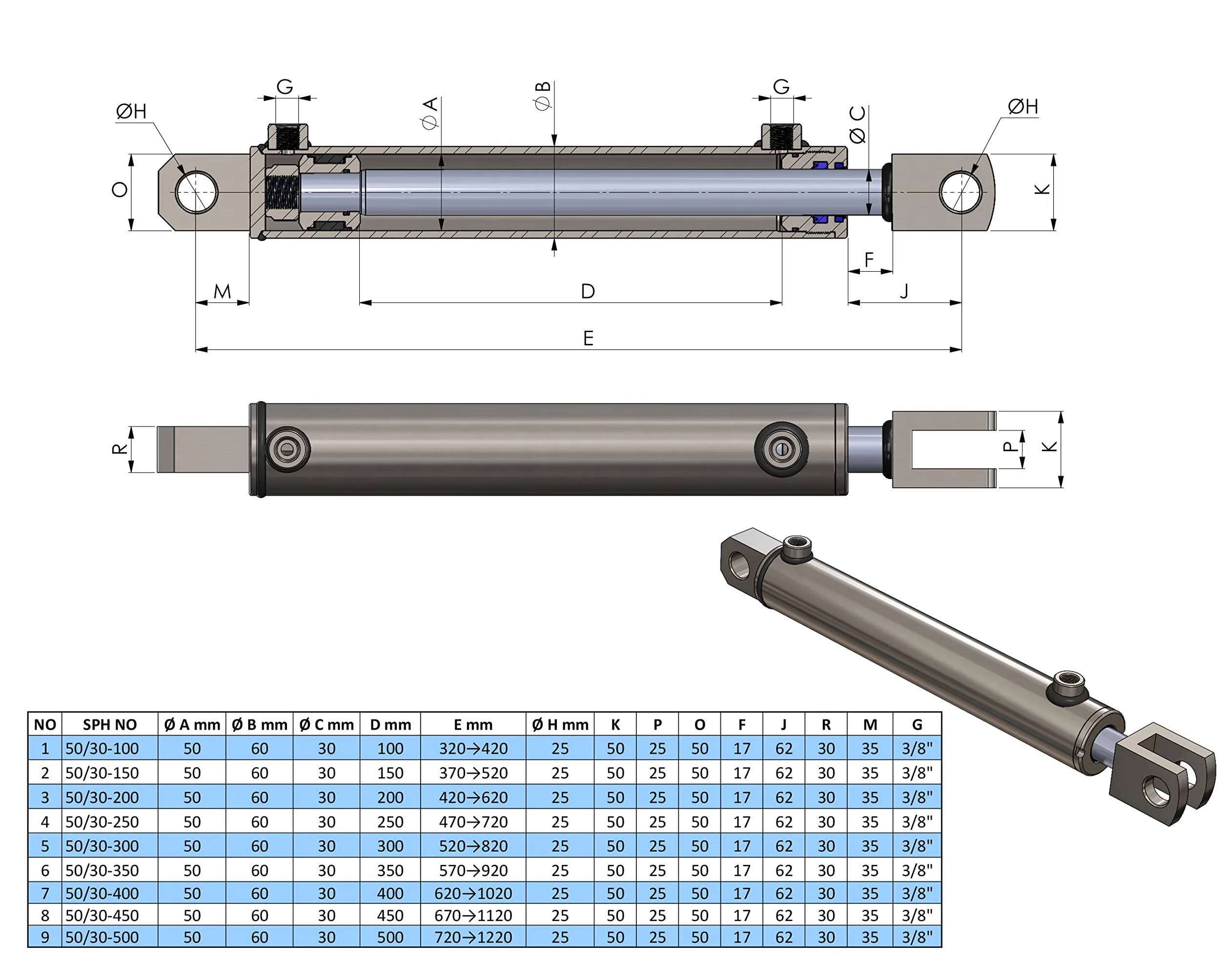 Hydraulik-Zylinder doppelwirkend 50/30 versch mit Gabeln Hub 100 mm Bis 500 mm (50/30-200)