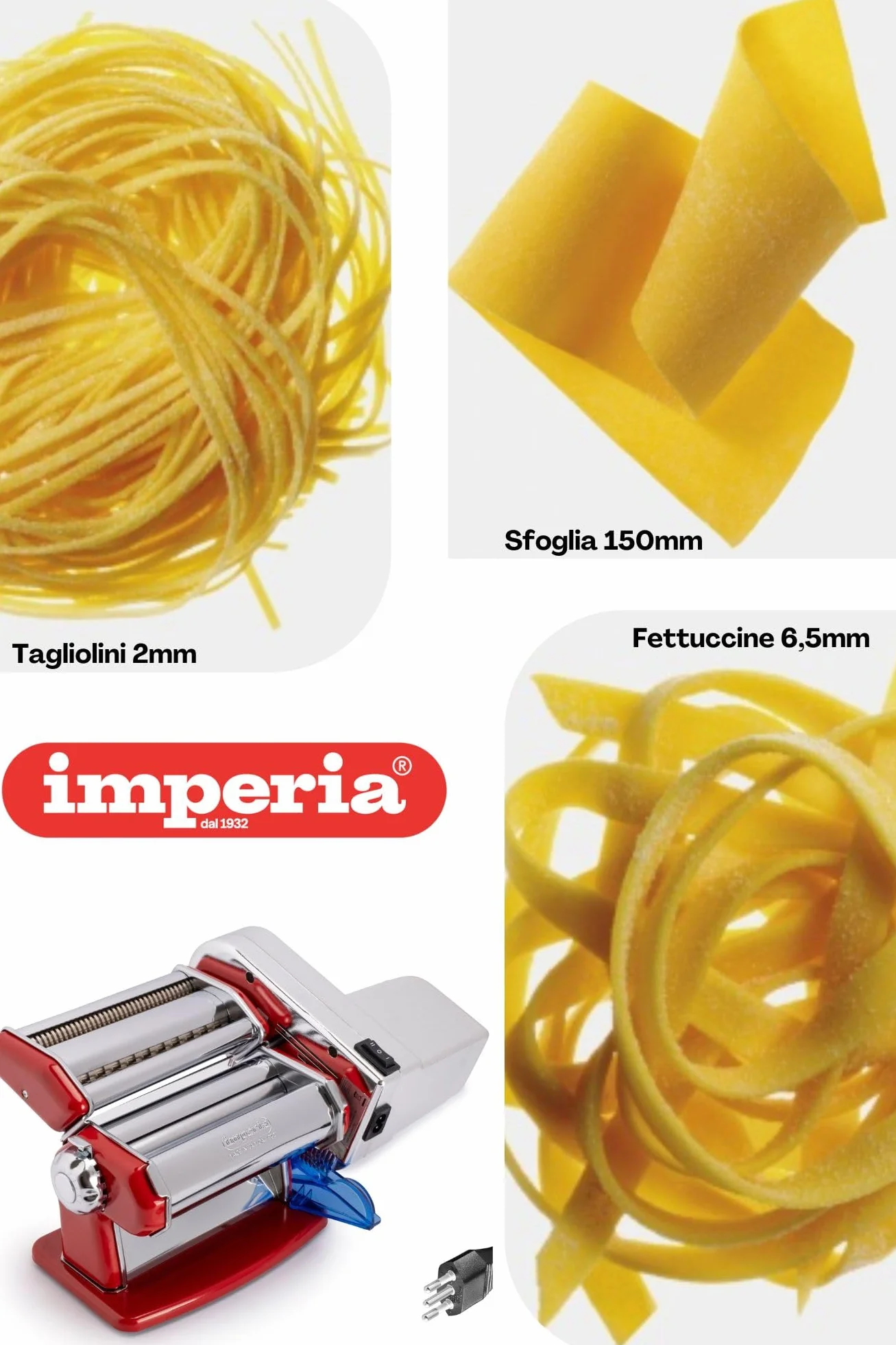 Imperia Electric Linie Classica. Elektrische Nudelmaschine. 100% Made in Italy. Frischpastamaschine aus Stahl mit 220v Elektromotor. Elektrische Teigmaschine für Lasagne, Tagliolini, Fettuccine.