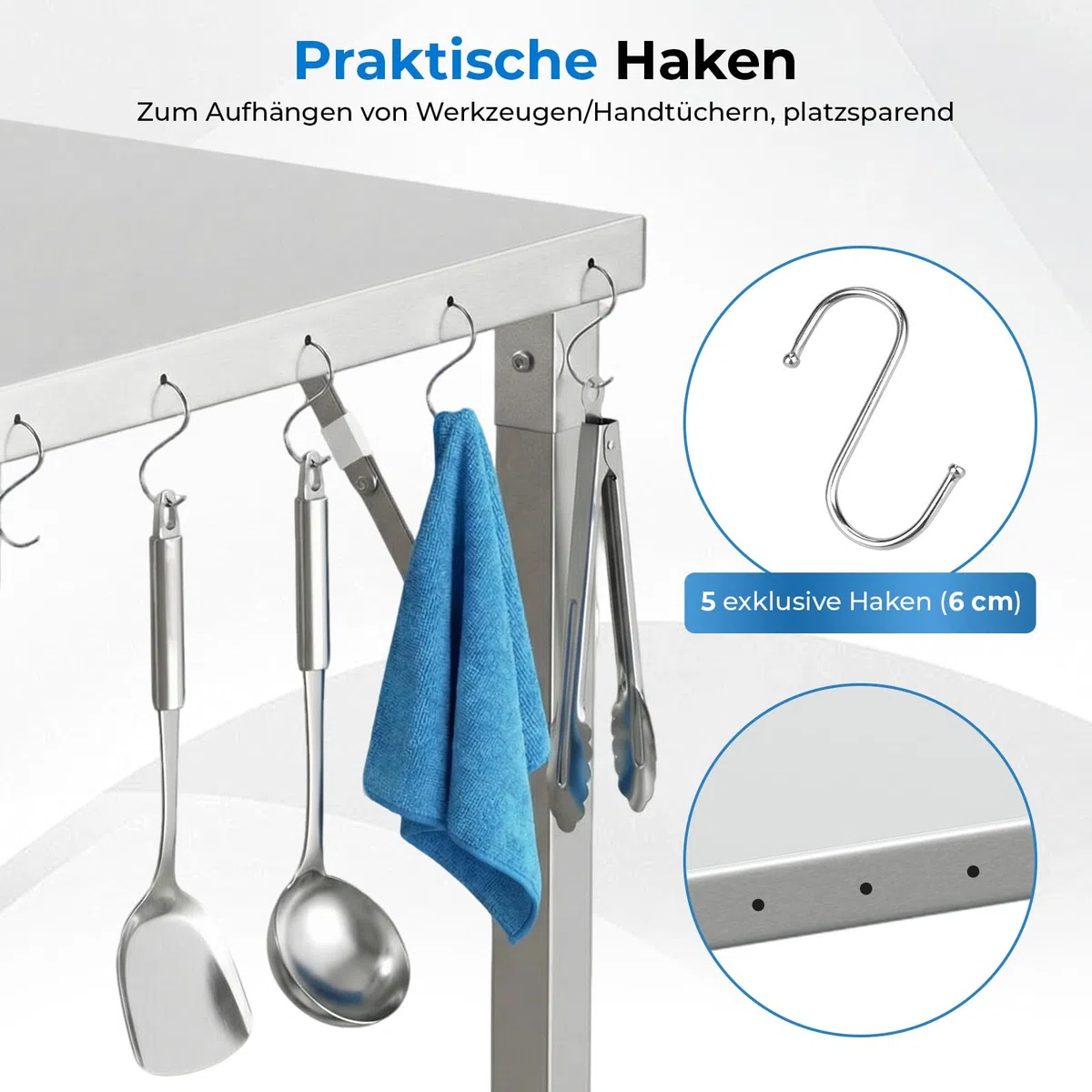 TLSUNNY Edelstahl Arbeitstisch Klappbar 120x60 cm, Edelstahl Klapptisch Outdoor mit 5 Haken, Höhenverstellbare Füße, Tragkraft 250kg, Gastro Küchentisch Grilltisch, Zubereitungstisch, Tisch für Küche