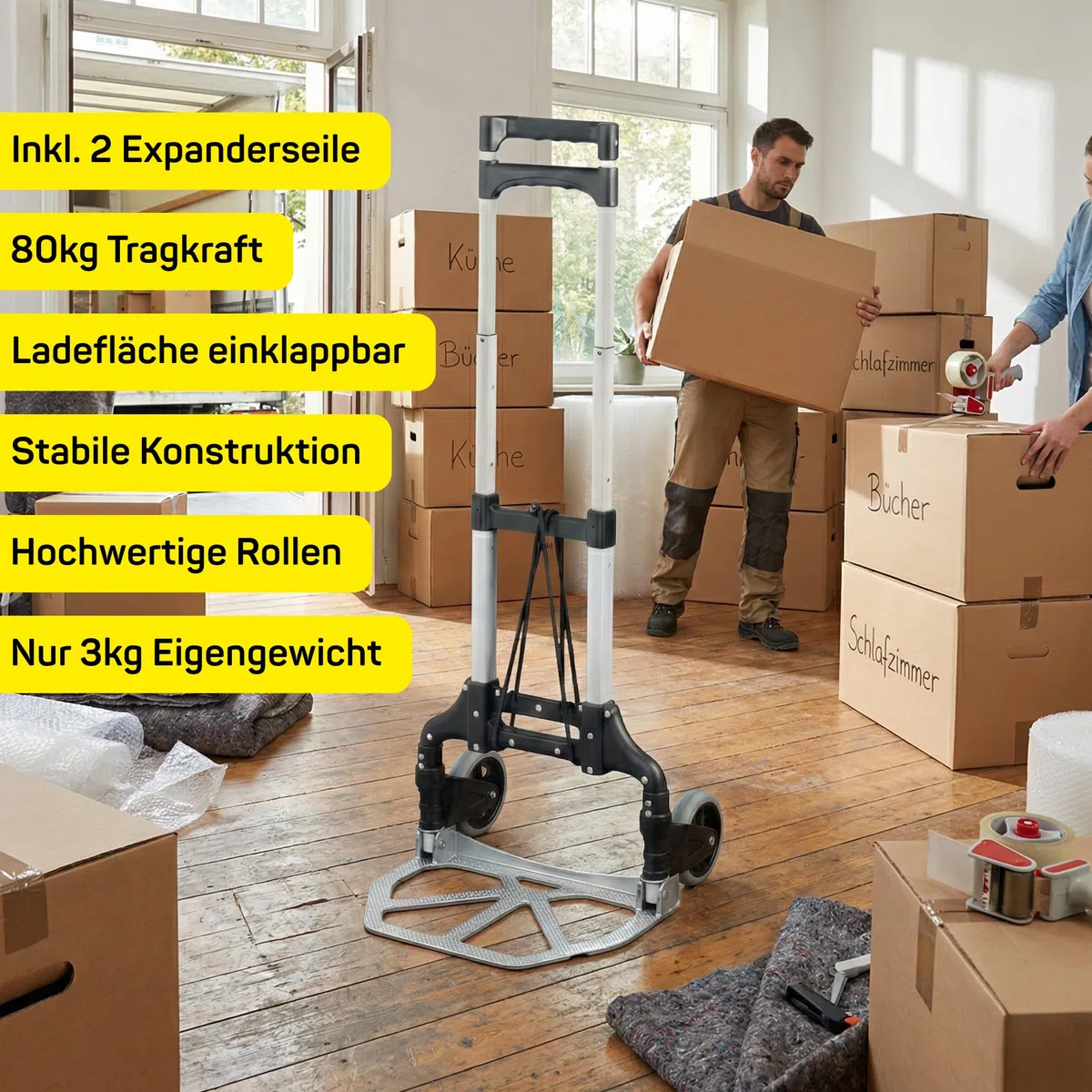 Sackkarre Klappbar, Transportwagen aus Aluminium mit 2 Expander | Transportkarre bis 80kg belastbar mit stabilen Reifen, Transporthilfe für Getränkekisten, Klappsackkarre