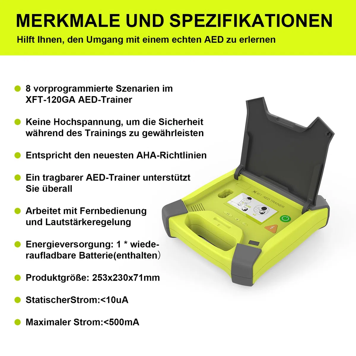 AED-Trainer XFT 120GA, Erste Hilfe Teaching Trainingsgerät, 8 Verschiedene Szenarien, Deutsch, Französisch, Spanisch und Italienisch Sprachansagen mit Fernbedienung