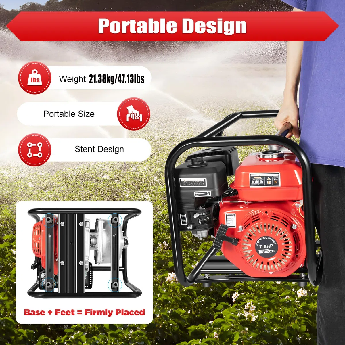 7.5PS Benzin-Wasserpumpe Gartenpumpe,35000l/h und 30m Förderhöhe&8m Ansaughöhe, 3 Zoll Anschluss,Schmutzwasserpumpe mit 4-Takt-Motor,Seilzugstart, Metallfuß, inkl.7.5m Wasserleitung,Saugkorb