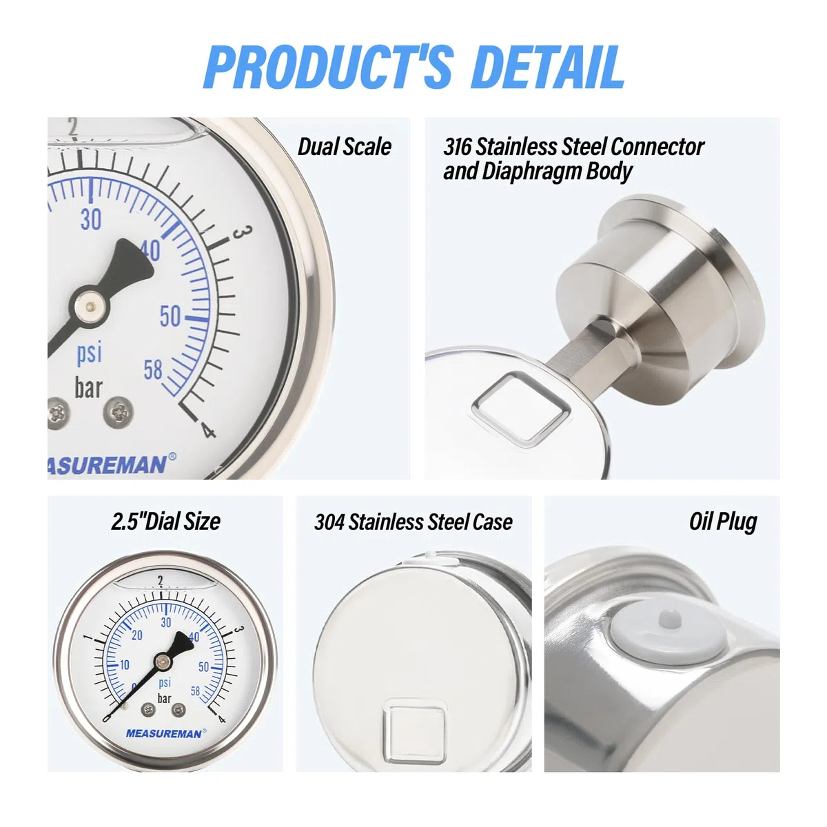 Hygienisches Manometer, glycerinbefüllt, 0-4bar/psi, Brauerei, Lebensmittel und Pharmabranche