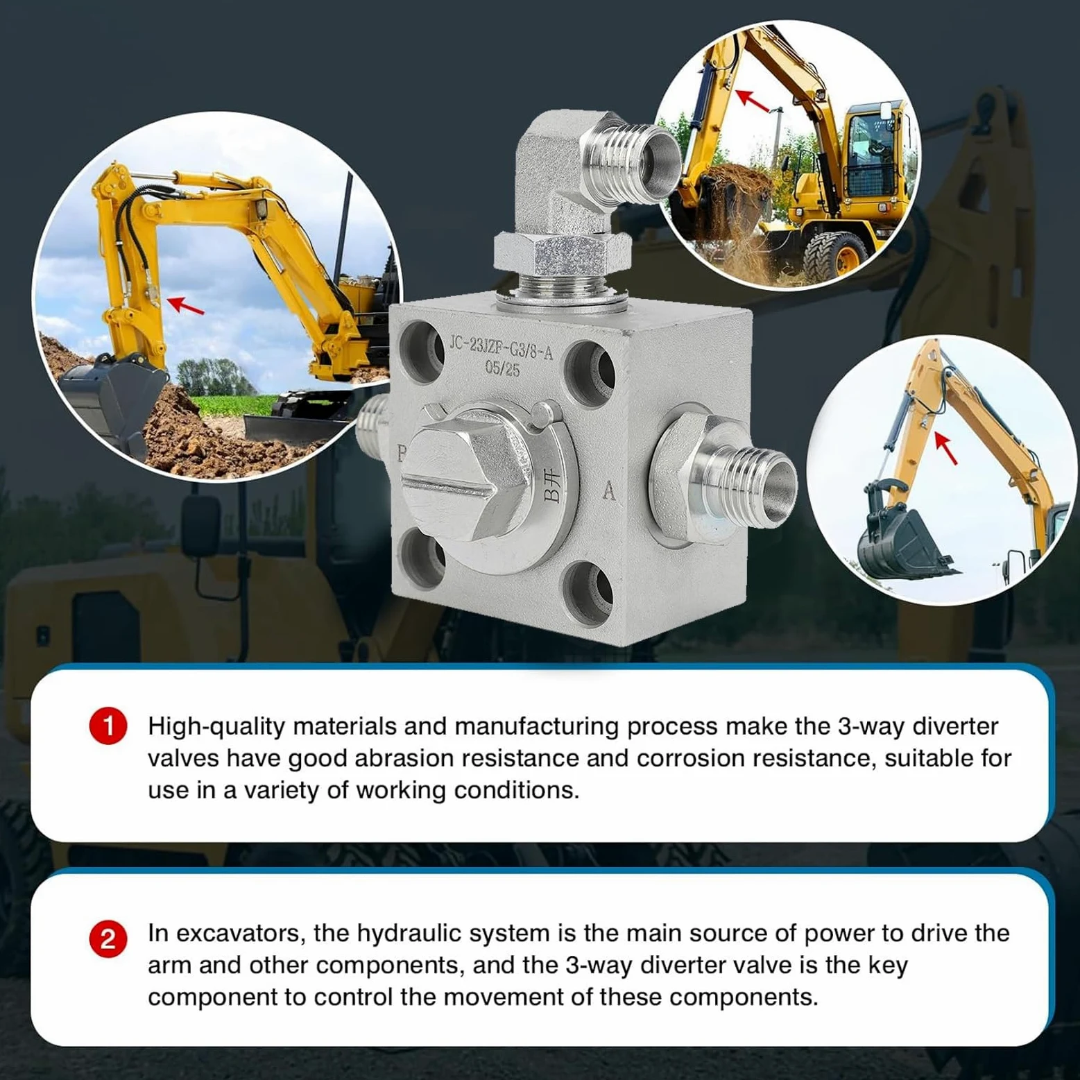 Fabater 3-Wege-Diverer-Ventil für Minibagger, 2 Stück Hydraulisches Diver Ter Ventil, Kleine Bagger Drei-Wege-Regelventil, Drossel-Ersatzteile