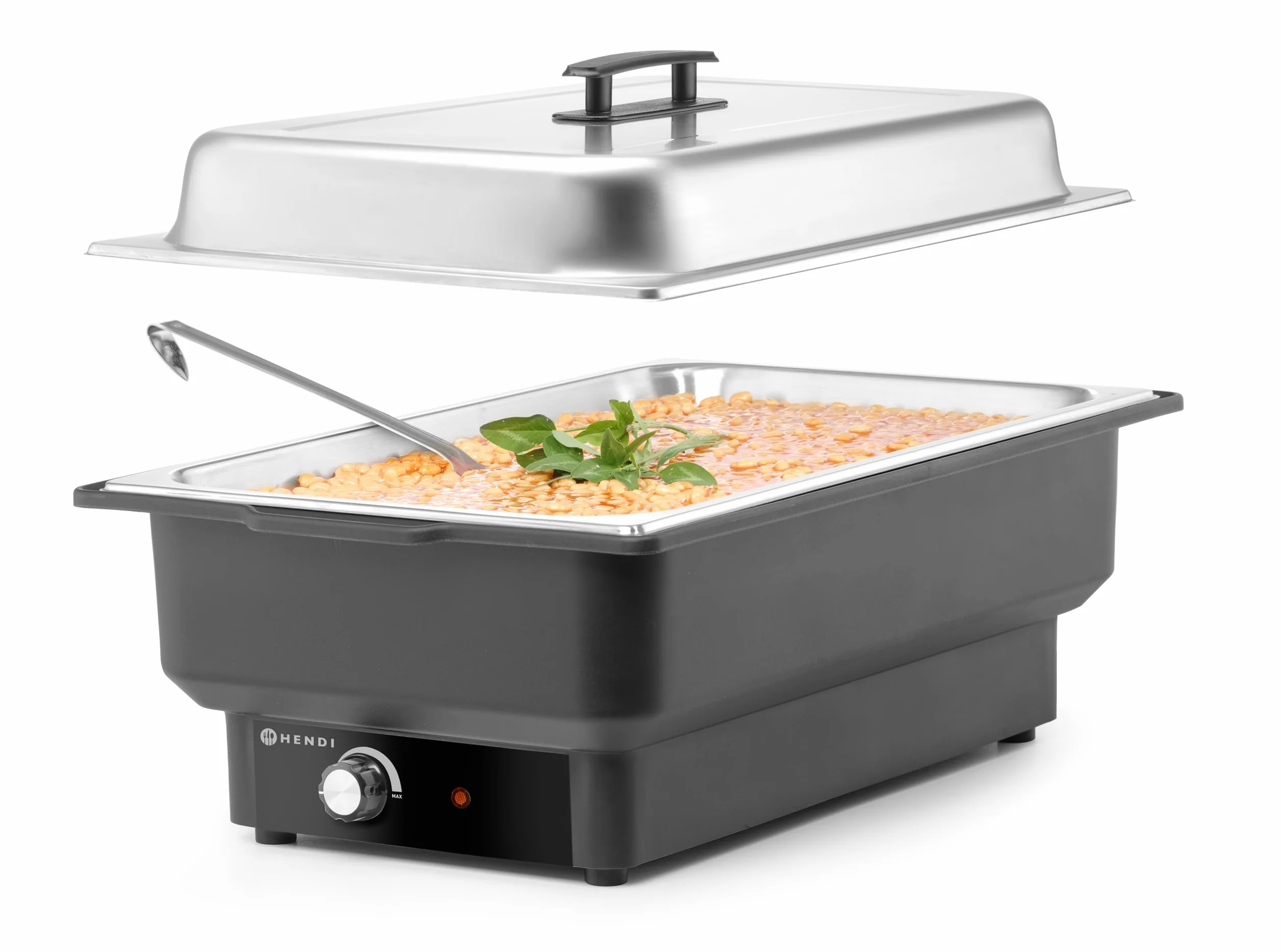 HENDI Chafing Dish Tellano, Speisenwärmer, Buffetwärmer, Wärmebehälter, 9L, 230V/900W, 573x348x(H) 284mm, Edelstahl, Polypropylen, Schwarz