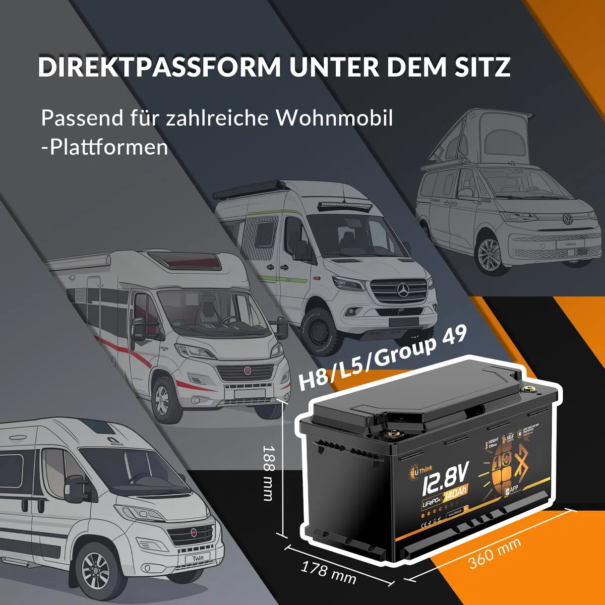 LiFePO4 12V 140Ah H190 Lithium Batterie Bluetooth mit 200A BMS LTP&Heizfunktion DIN H8 L5 Größe, 1792Wh Lithium Batterie Autobatterie für Wohnmobil,Wohnwagen,Boot CB/IEC 62619 ECE R10