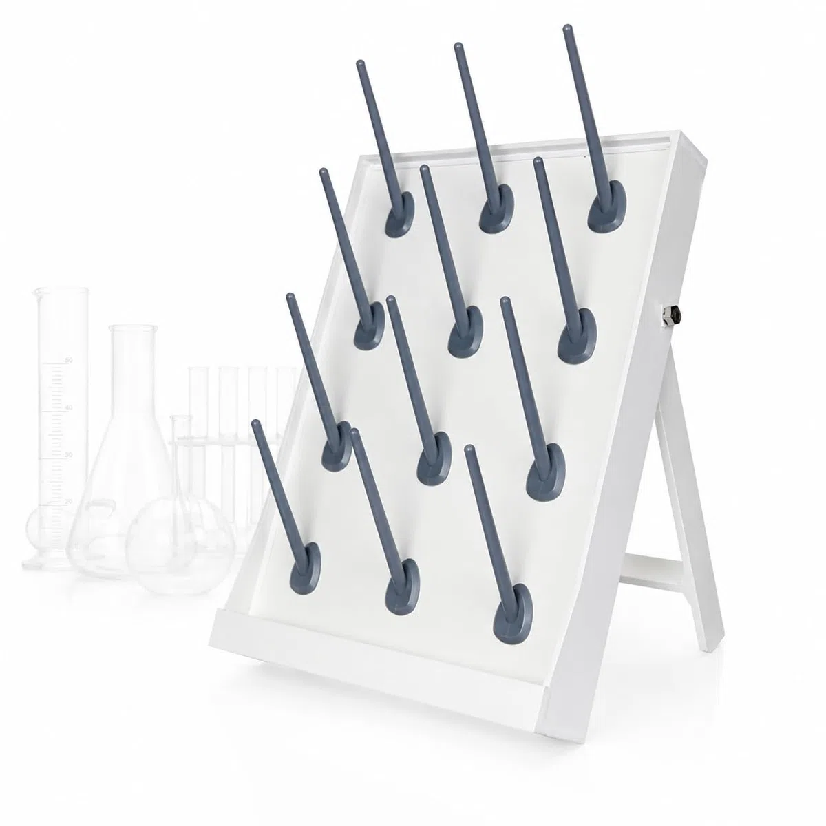 Abtropfgestell für Laborgläser, Reagenzglas-Trockengestell mit abnehmbaren Stangen, Schreibtisch- oder Wandhalterung, Ablauflöcher für Becher, Flaschen, Flaschen und Laborutensilien, 12 Heringe