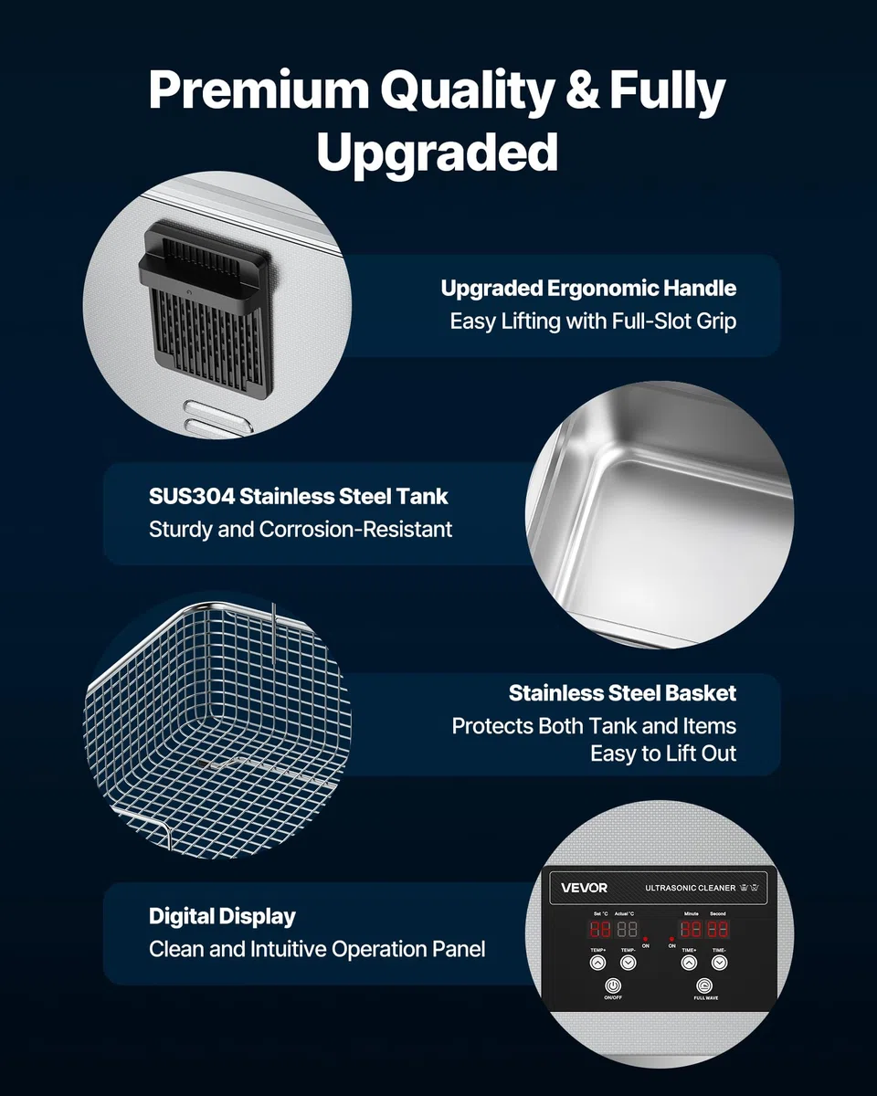 VEVOR 10 L Ultraschallreiniger, professionelle Ultraschallreinigungsmaschine mit Reinigungskorb & Digitalanzeige, 180 W Edelstahl 40 kHz Industrielle Reinigungsmaschine für Teile Vergaser Instrumente