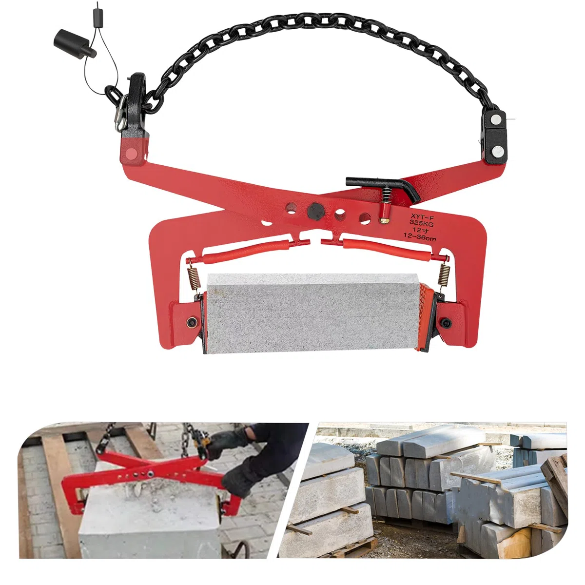 Bordsteinzange Steingreifer bis 325 kg 12-36cm Versetzzange Ziegelzange Randsteinheber Bordsteinversetzzange mit Ketten zum Heben und Transportieren von Holz, Schnittholz und Stein