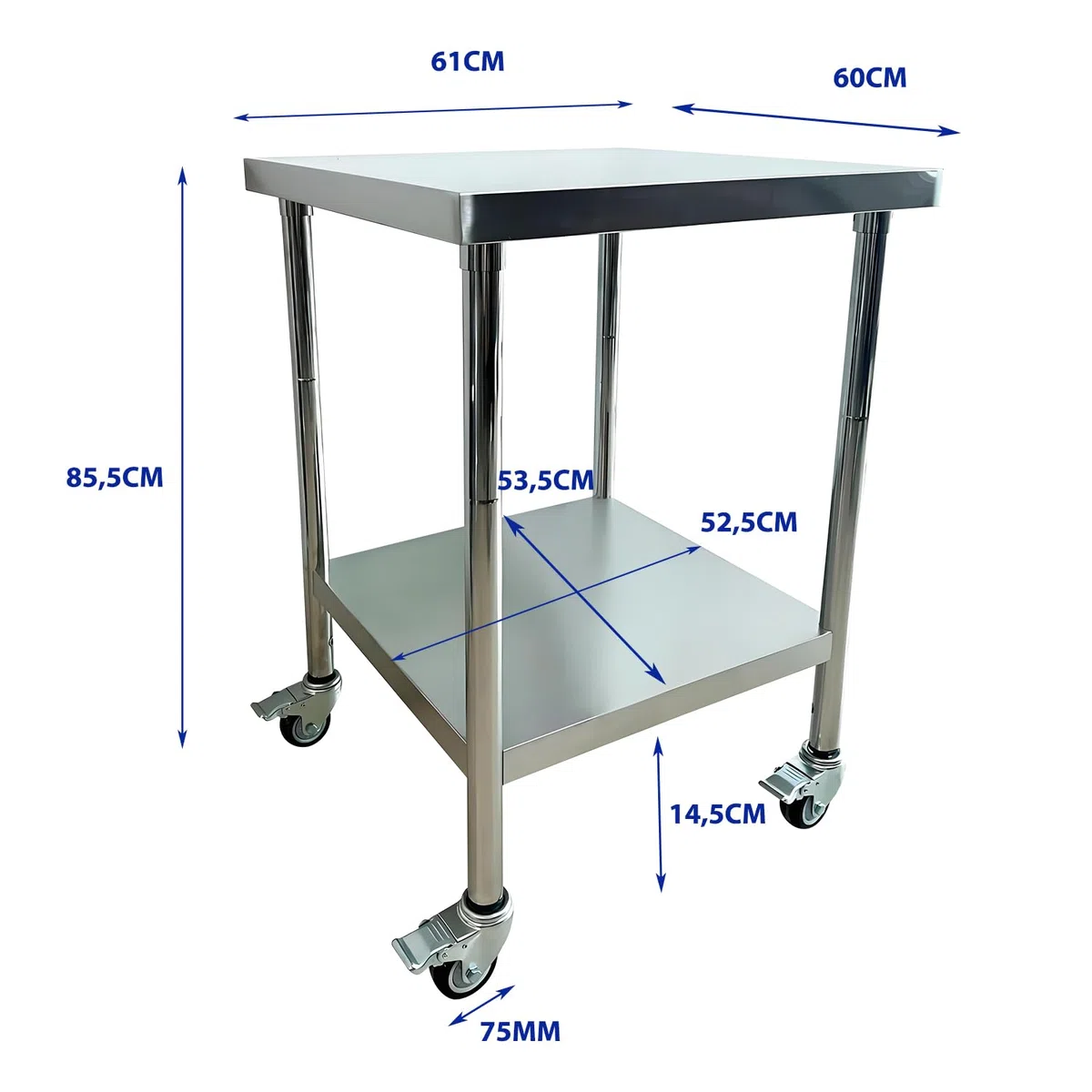 Edelstahl Küche Arbeitstisch 61x60cm - 4 Stück Lenkrollen mit Bremsen - Gastronomie Tisch bis 300kg belastbar - Profi Gastro Edelstahltisch Küchentisch für Restaurant Küche Bar Hotel Garage