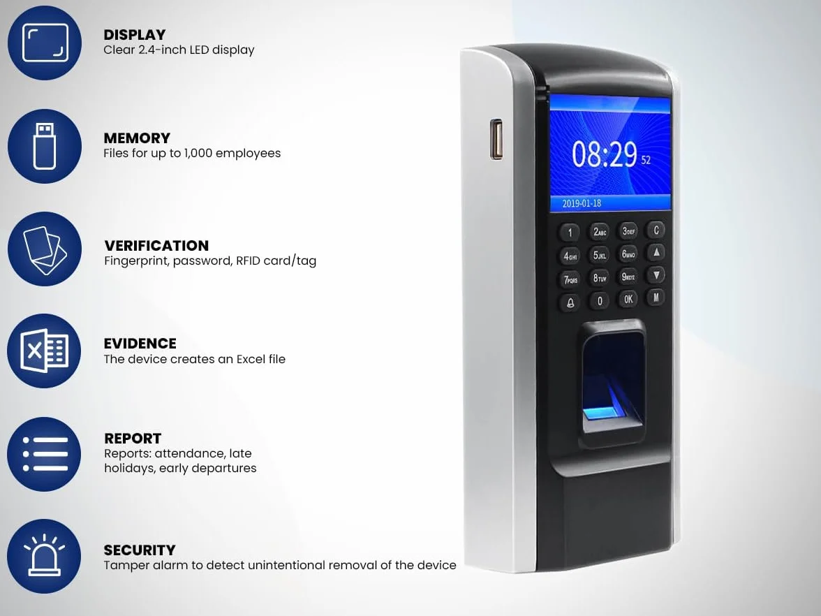 HDWR CTR12 Zeiterfassung, Stechuhr mit Fingerabdruck und RFID-Karte | Terminal für Kleinbetriebe, 125-kHz-Kartensystem, Passwort, Zeitplanung, Betrieb ohne Abo und Software
