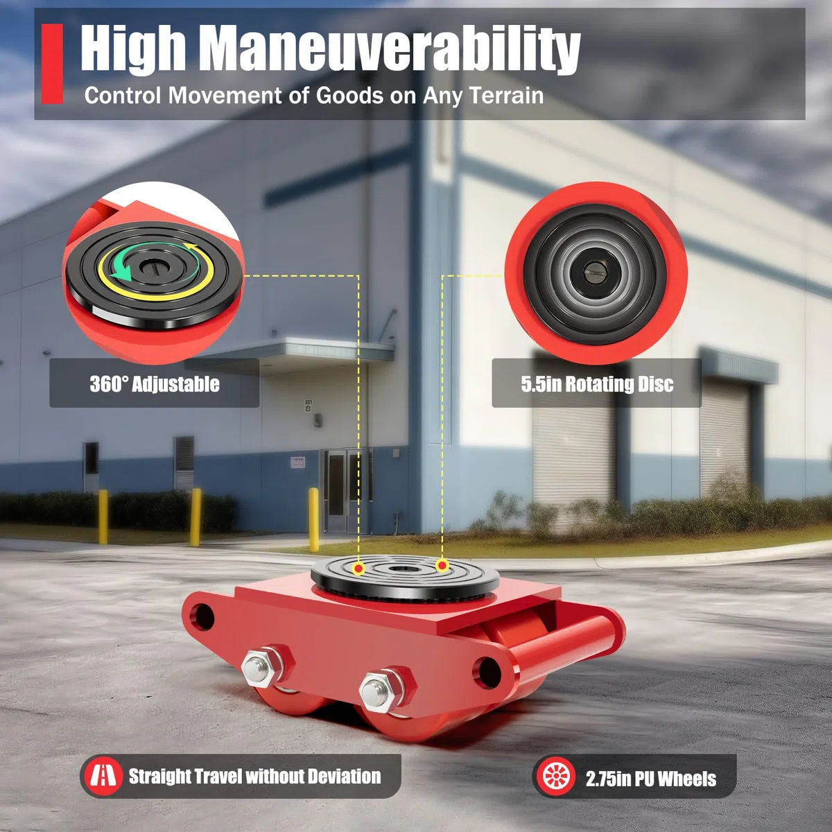 6T Transportroller Maschinen-Rollwagen Industrieller Transportwagen Rollbrett Robuster Möbeltransportrollen aus Karbonstahl mit 4 PU-Rädern zum Bewegen Schwerer Gegenstände für Werkstatt Fabrik (Rot)