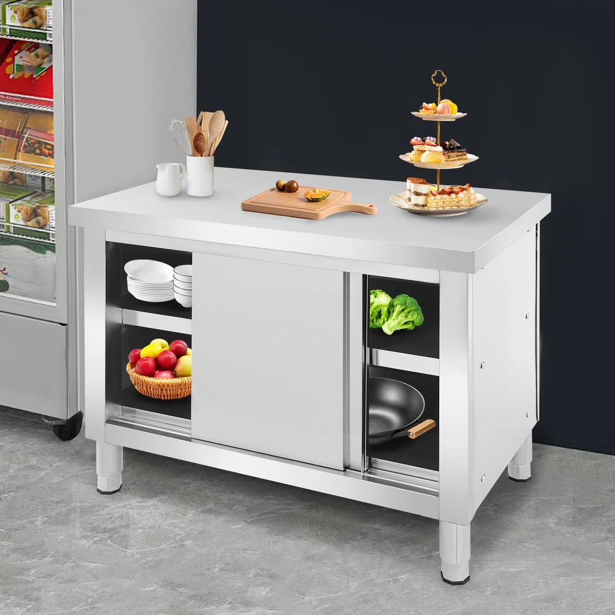 Edelstahl Schrank mit Schiebetüren, Outdoor Küche Edelstahl Tisch Gastro, Freistehender Arbeitsschrank Küchenarbeitstisch für Restaurant, Garage und Küche (100 * 60 * 80cm)