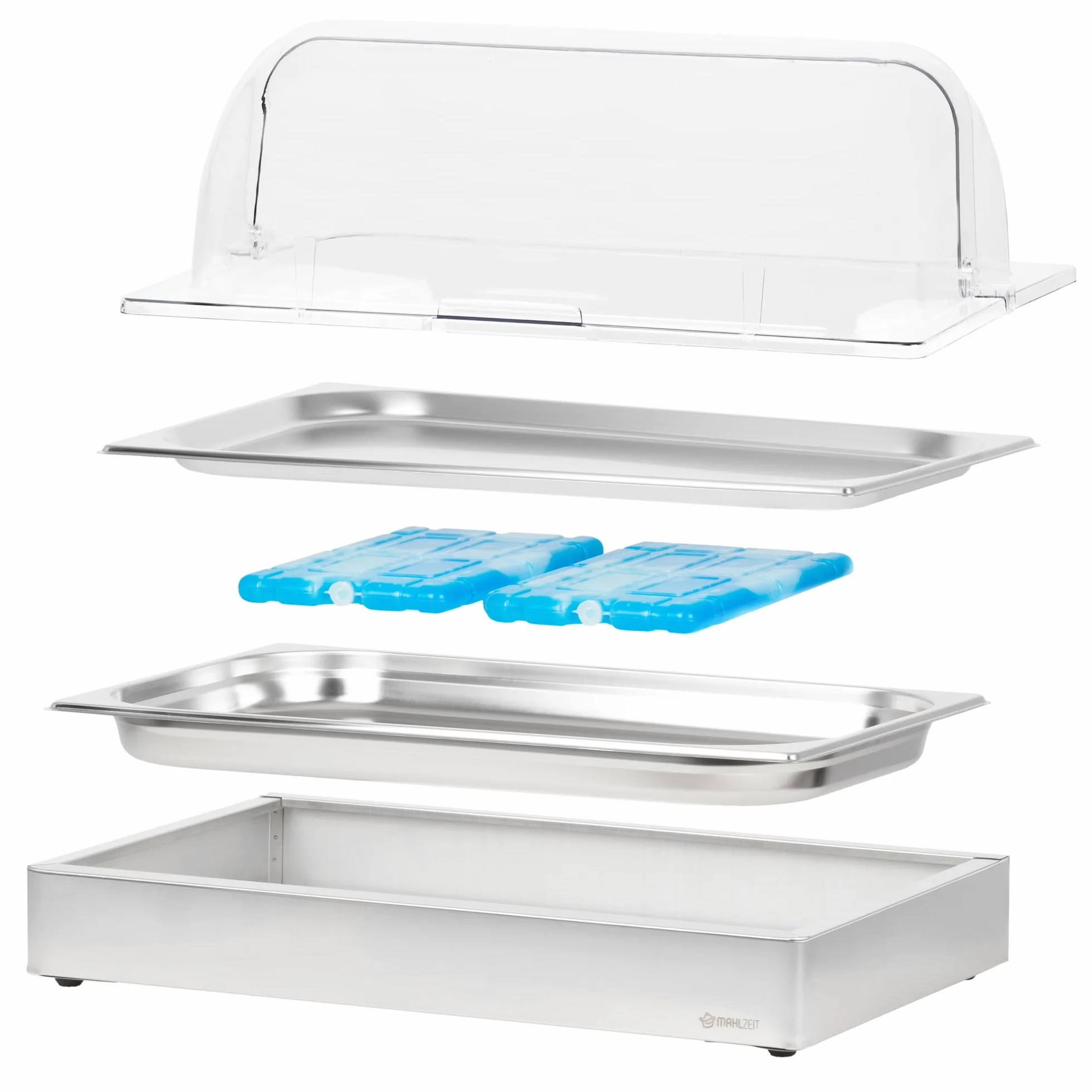 Mahlzeit Kühl Servierplatte | 54 x 34 x 24,5 cm | GN 1/1 Kühlplatte mit Haube, System Kühlschale mit Kühlakku | Frischhalteplatte, Servierhaube mit 2 Kühlakkus | Catering Platte, Buffetvitrine