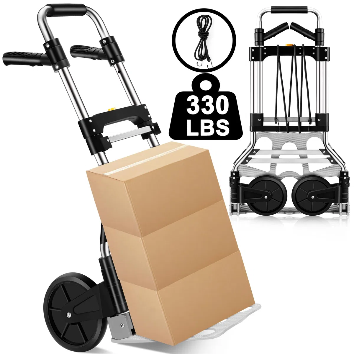 Faltbarer Sackkarre, verbesserter tragbarer 150 kg, robuster Dollywagen, robust, leicht, Faltbarer Gepäckwagen für Reisen, Umzug, Einkaufen, Büro