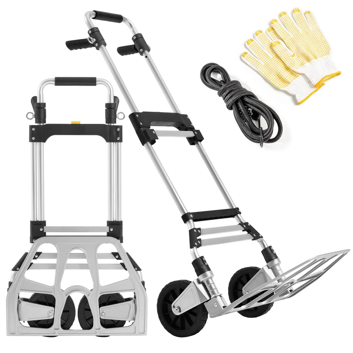 Yaheetach Klappbare Sackkarre,150 kg Belastbar mit Langer Aluminium Teleskopgriff 88.5-115 cm, Spanngummi & Handschuhen,für Einkauf/Umzug/Garten