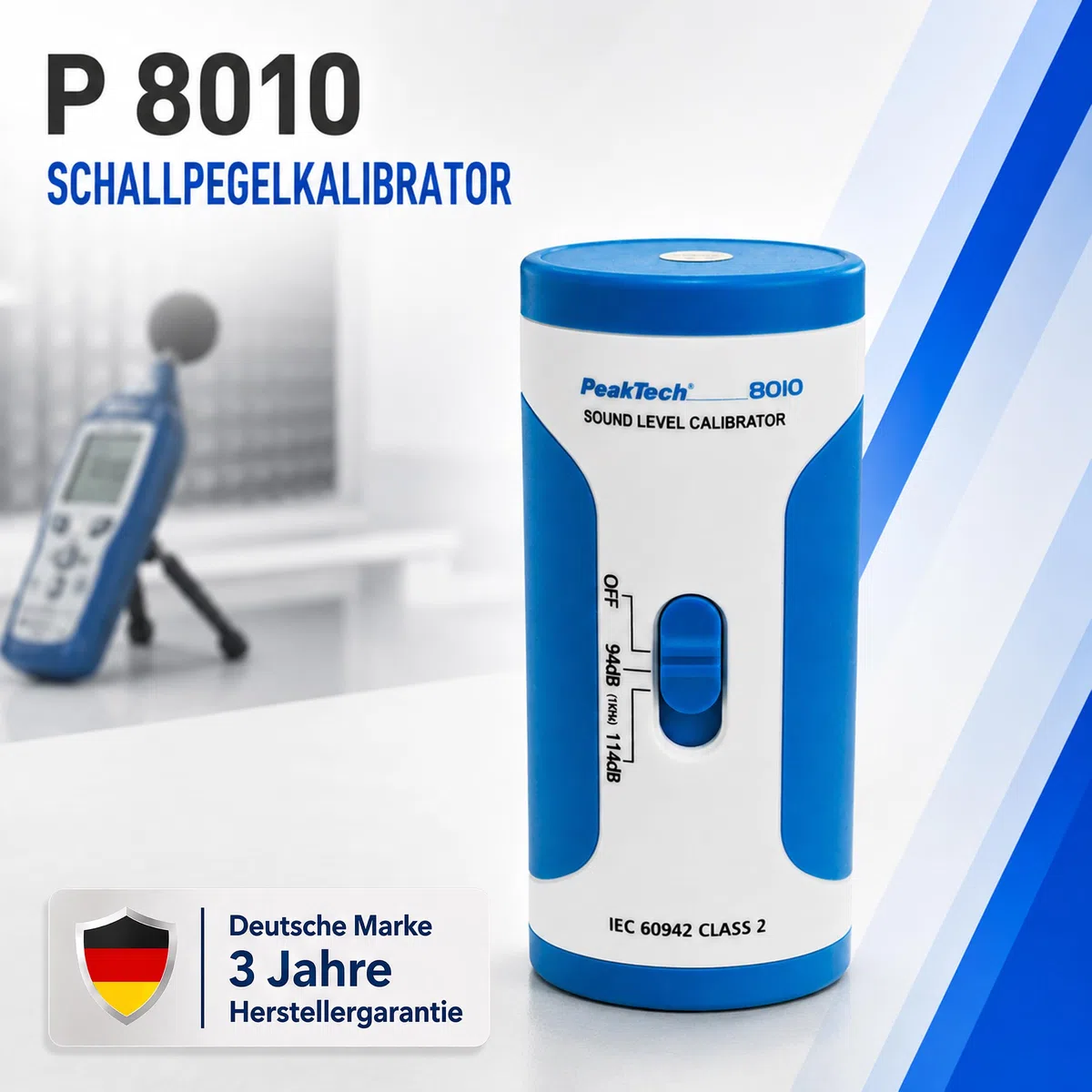 PeakTech P 8010 Schallpegelkalibrator – Präziser Decibel-Meter Kalibrator für Schallpegelmessgeräte, Klasse 2, 94 dB/114 dB, Hohe Genauigkeit für Geräuschpegelmessung und dB-Messgerät