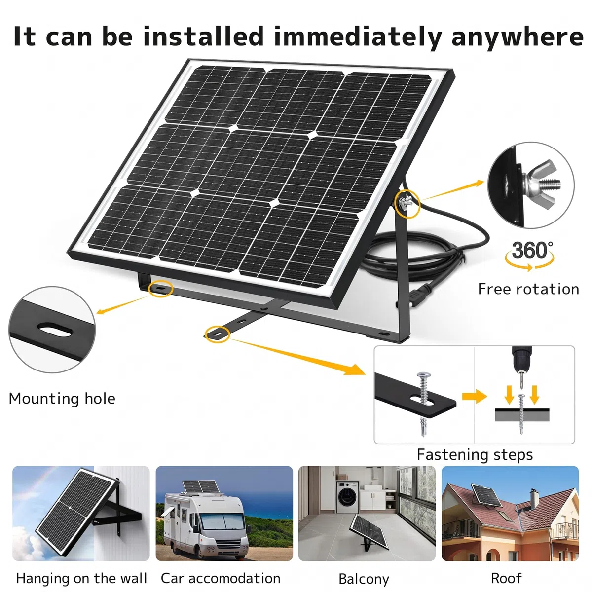 Yinleader 50W Solarpanel 12V Monokristallin Komplettset mit PWM Laderegler | PWM Laderegler SAE Krokodilklemmen & Ringkabelschuhe inklusive. Ideal für Autobatterie Wohnmobil Caravan Boot Balkon Camping.