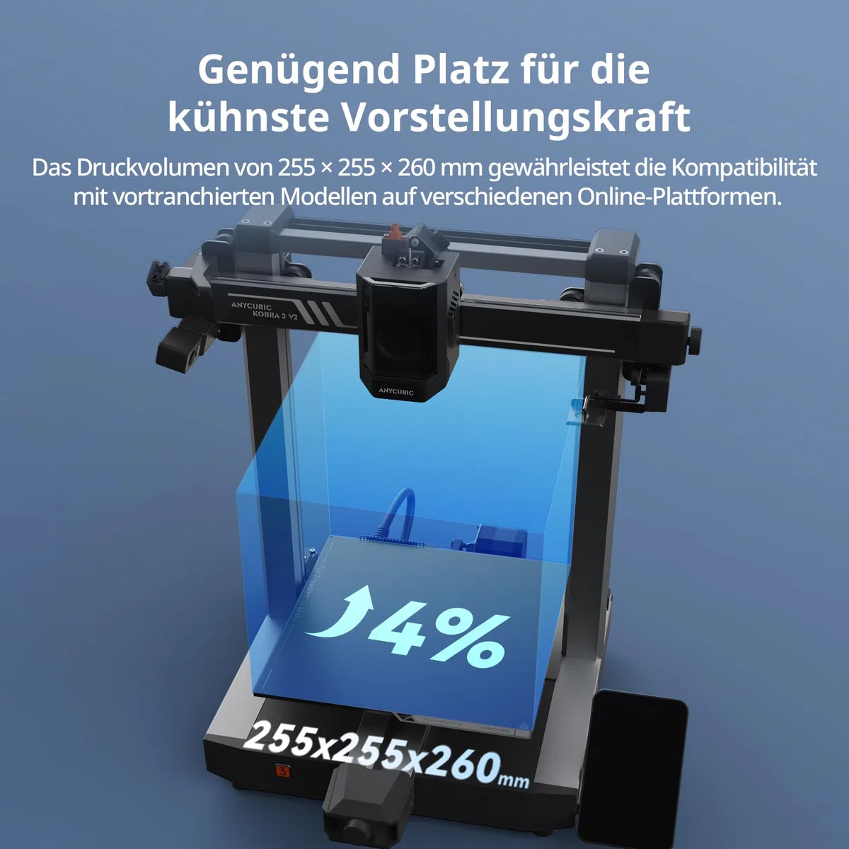 Anycubic Kobra 3 V2 3D Drucker, 600 mm/s Hohe Geschwindigkeit, Verbesserte LeviQ 3.0 Auto-Nivellierung, Intelligentes Drucken, Mehrfarbendruck über ACE Pro, Größe 255 x 255 x 260 mm