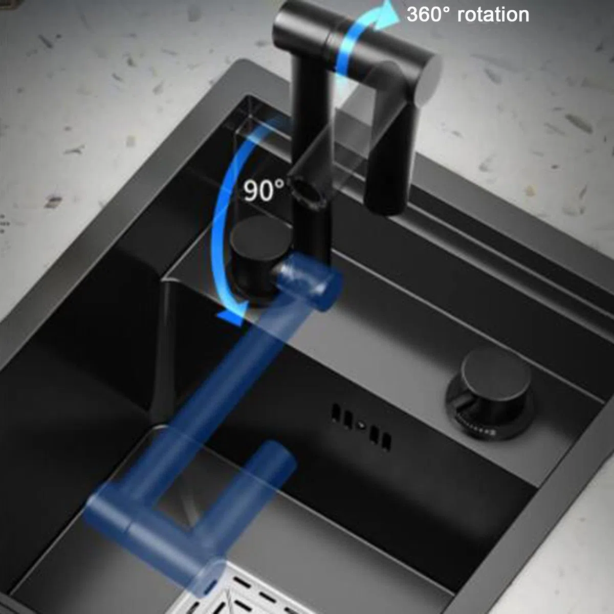 Vorbereitungsspüle versteckt in der Kücheninsel mit klappbarem Wasserhahn – kleine Einzelspüle mit Abdeckung – unsichtbares platzsparendes Design