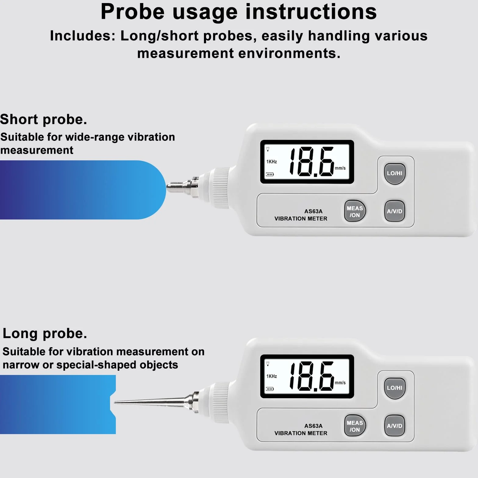 AS63A Digitales Schwingungsmessgerät, Schwingungsanalysator mit LCD-Display Messung von Beschleunigung Geschwindigkeit und Verschiebung Vibrationsmessgerät mit Hochpräzise Sonde