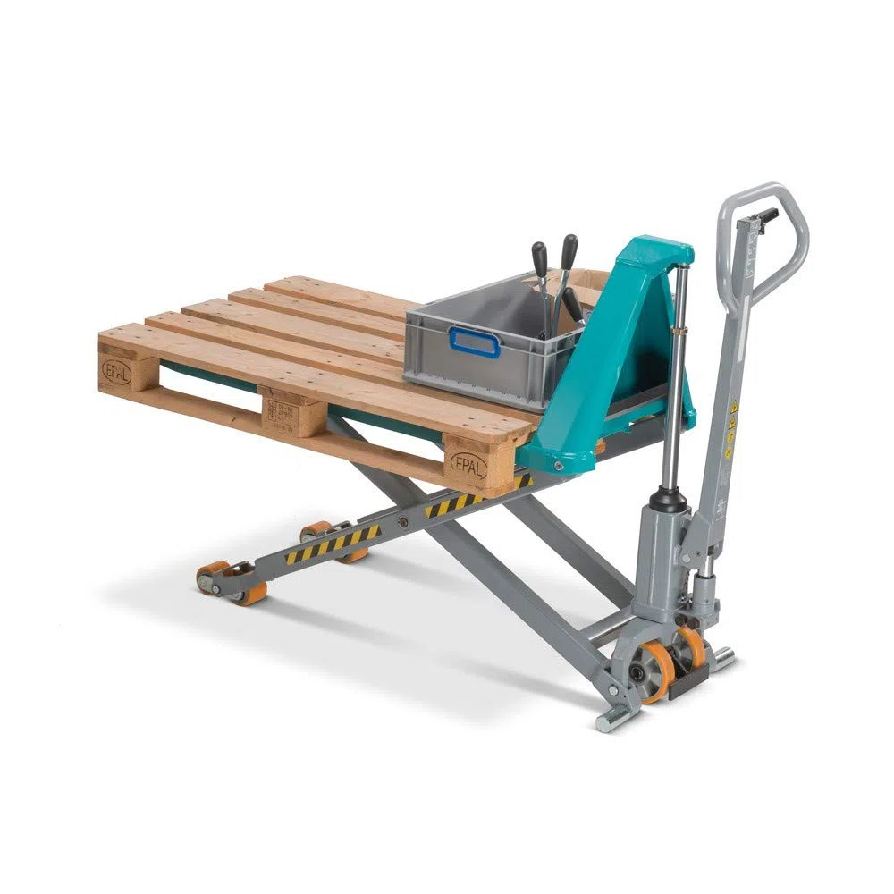 Ameise Scherenhubwagen PTM | 1.500 kg Tragkraft | 85-800 mm Hubbereich | 1.200 mm Gabellänge | Lenkrad aus robustem Polyurethan | Polyurethan Tandem-Gabelrollen | Hubtisch mit Schnellhub bis 300 kg