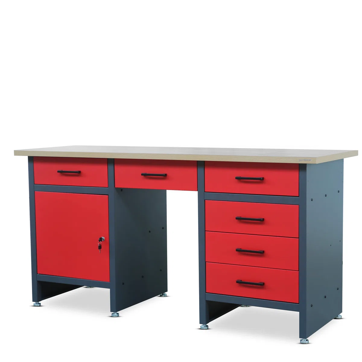 Jan Nowak Werkbank mit Arbeitsplatte Werktisch mit 6 Schubladen Schließfach Verstellbare Füße MDF-Arbeitsplatte Belastbar bis 500 kg Metall 170 cm x 60 cm x 85 cm Anthrazit-Rot