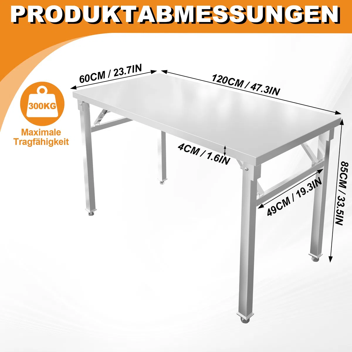 UISEBRT Edelstahl klapptisch mit 300 kg Tragkraft und justierbaren Stellfüßen, Klappbar Arbeitstisch Serviertisch Küchentisch für Gastronomie Küche Bar Restaurant, 120x60x85cm