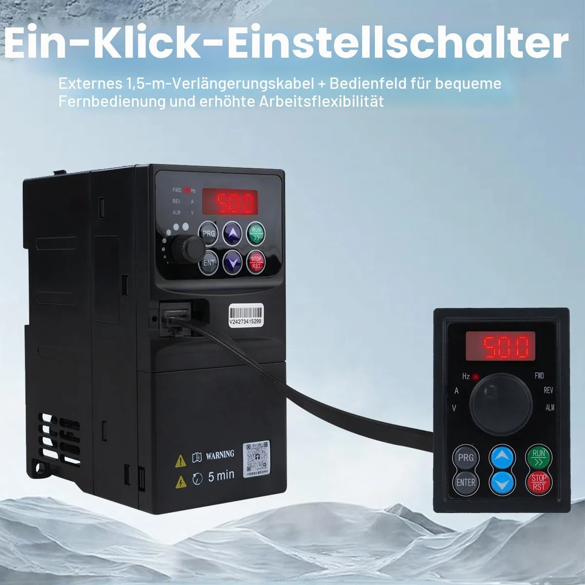 1.5KW Frequenzumrichter 230V Einphasiger 220V-Eingang Dreiphasiger 220V-Ausgang VFD Frequenzumrichter CNC Frequenzumrichter Abnehmbare Schalttafel Modell V3-215EE (mit 1.5m Verlängerungskabel)