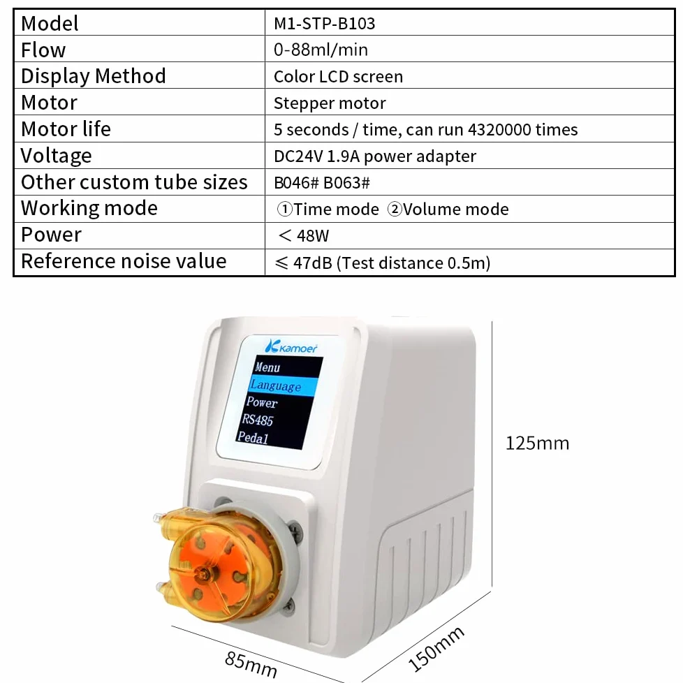 Kamoer M1-STP Intelligente Peristaltikpumpe, 24 V, verstellbarer Schrittmotor, Flüssigkeitsdosierpumpe mit niedriger Durchflussmenge, programmierbar, mit Steuerung für Laboraquarien, 0-88 ml/min