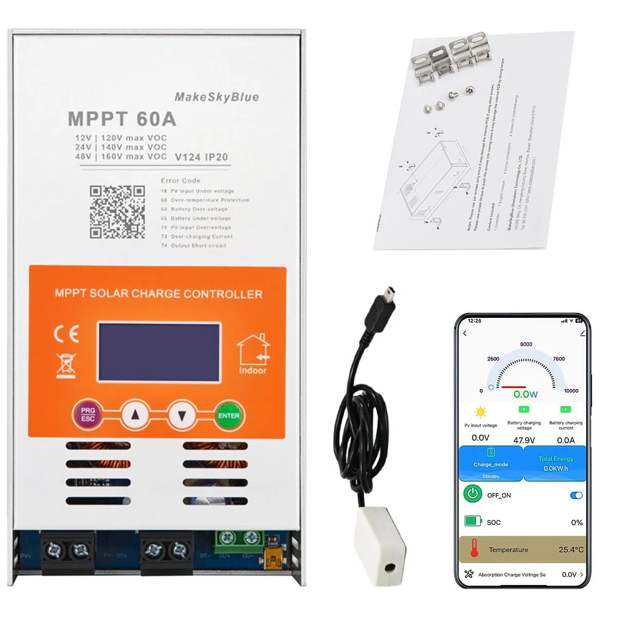 60A MPPT Solarladeregler (WiFi) mit LCD-Display, unterstützt APP-Steuerung, max. 2800 W PV-Leistung, MPPT-Laderegler für 12V, 24V und 48V Batterien