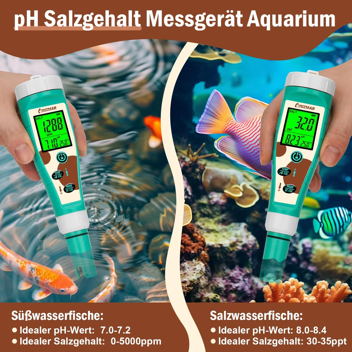 UIUZMAR Pool pH Chlor Salzgehalt Messgerät, Wasserstoff PPM ORP Messgerät | 8-in-1 Trinkwasser Wassertester mit gleichzeitiger Anzeige von pH Salz Chlor H2 ORP EC TDS Temp für Hydrokultur, Spas