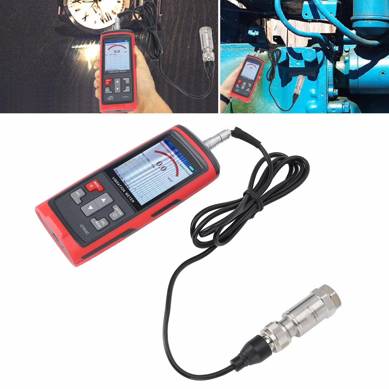 Schwingungsmessgerät, LCD-Farbdisplay Digitaler Schwingungsanalysator, Beschleunigung, Geschwindigkeit, Abstand, Frequenz, Temperatur, Prüfmodi Handheld-Vibrationsmessgerät