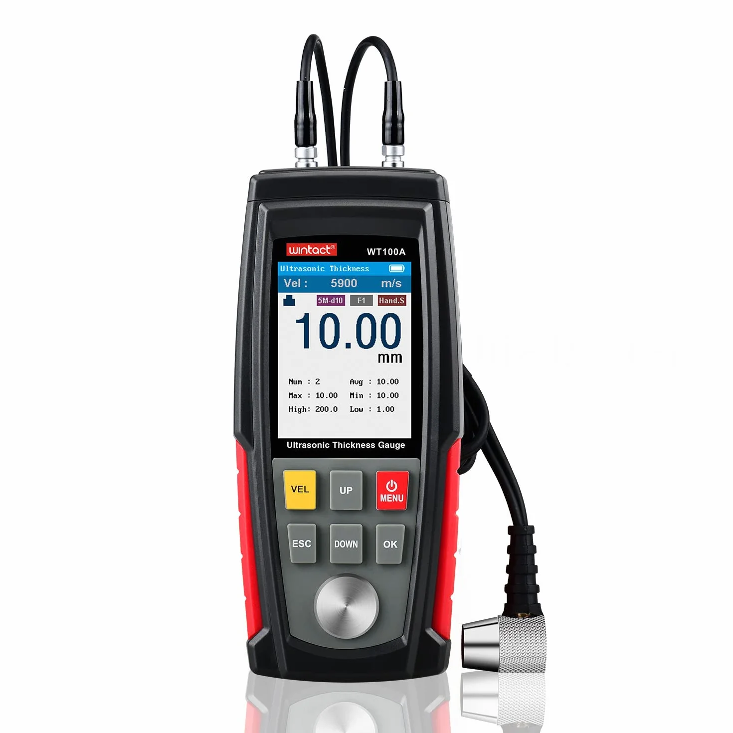Wintact Digitales Ultraschall-Dickenmessgerät, Messbereich 1,00 bis 300 mm mit Sonde zur Messung von metallischen und nichtmetallischen Werkstoffen, Zylinderwänden, Kunststoff, Glas, PVC