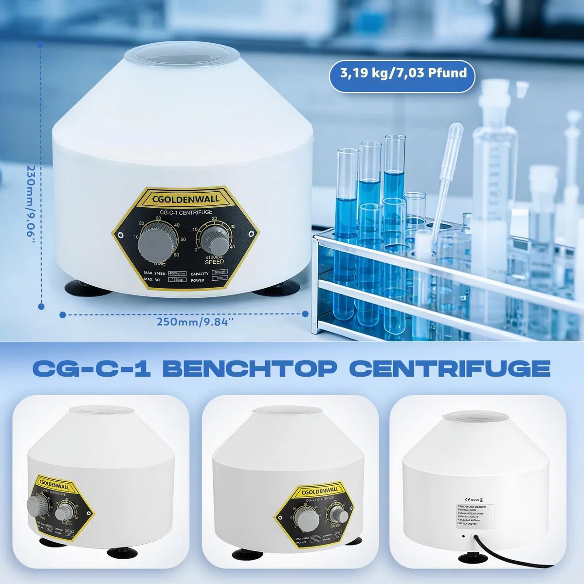 CGOLDENWALL Laborzentrifuge mit 6 * 20 ml Zentrifugenröhrchen &Transparentem Deckel, 4000 U/min Max. Geschwindigkeit, 0-60 Min. Timer, 1790 xg Max. RZK Geeignet für 5/7/10/15 ml Vacutainer Röhrchen