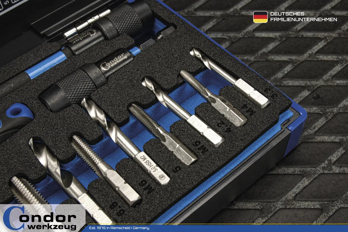 CONDOR Werkzeug 39602 | Kernloch Spiral- und Gewindebohrer-Bit-Satz mit Knarre & Adapter | 16-TLG. | 1/4" 6-Kant-Antrieb | M4-M12 | Xcess Performance | HSS Bohrer Set Profi Werkzeug