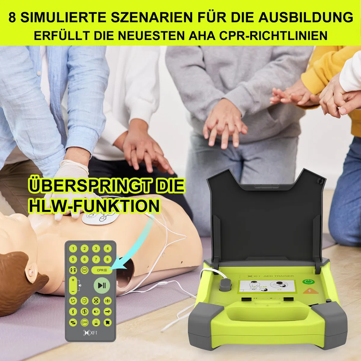 AED-Trainer XFT 120GA, Erste Hilfe Teaching Trainingsgerät, 8 Verschiedene Szenarien, Deutsch, Französisch, Spanisch und Italienisch Sprachansagen mit Fernbedienung