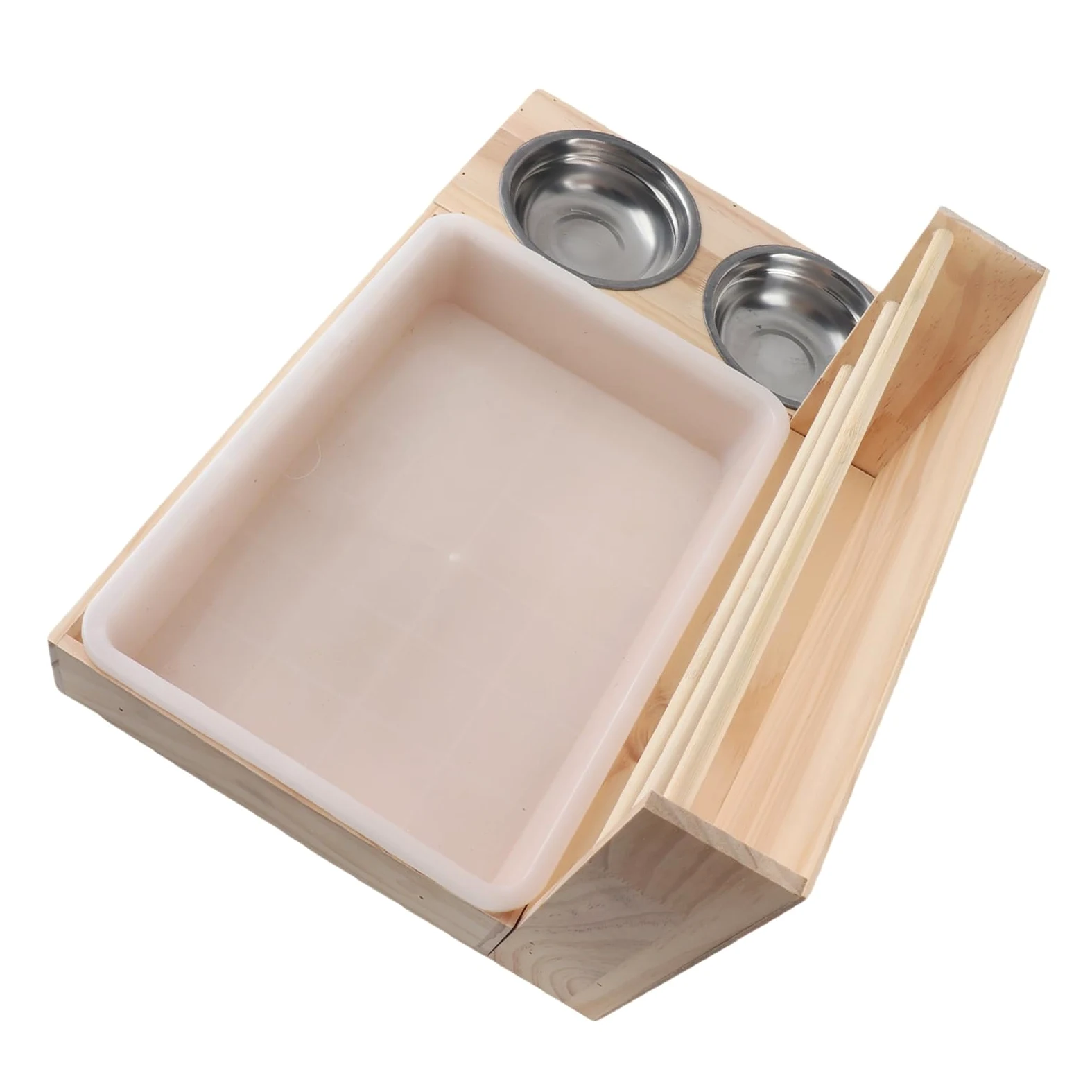 Cocoarm Kaninchen Heuraufe, 3 in 1 Futterspender aus Holz mit Großer | Katzentoilette aus Massivholz und Kunststoff, Edelstahlnäpfe, Kippsicher
