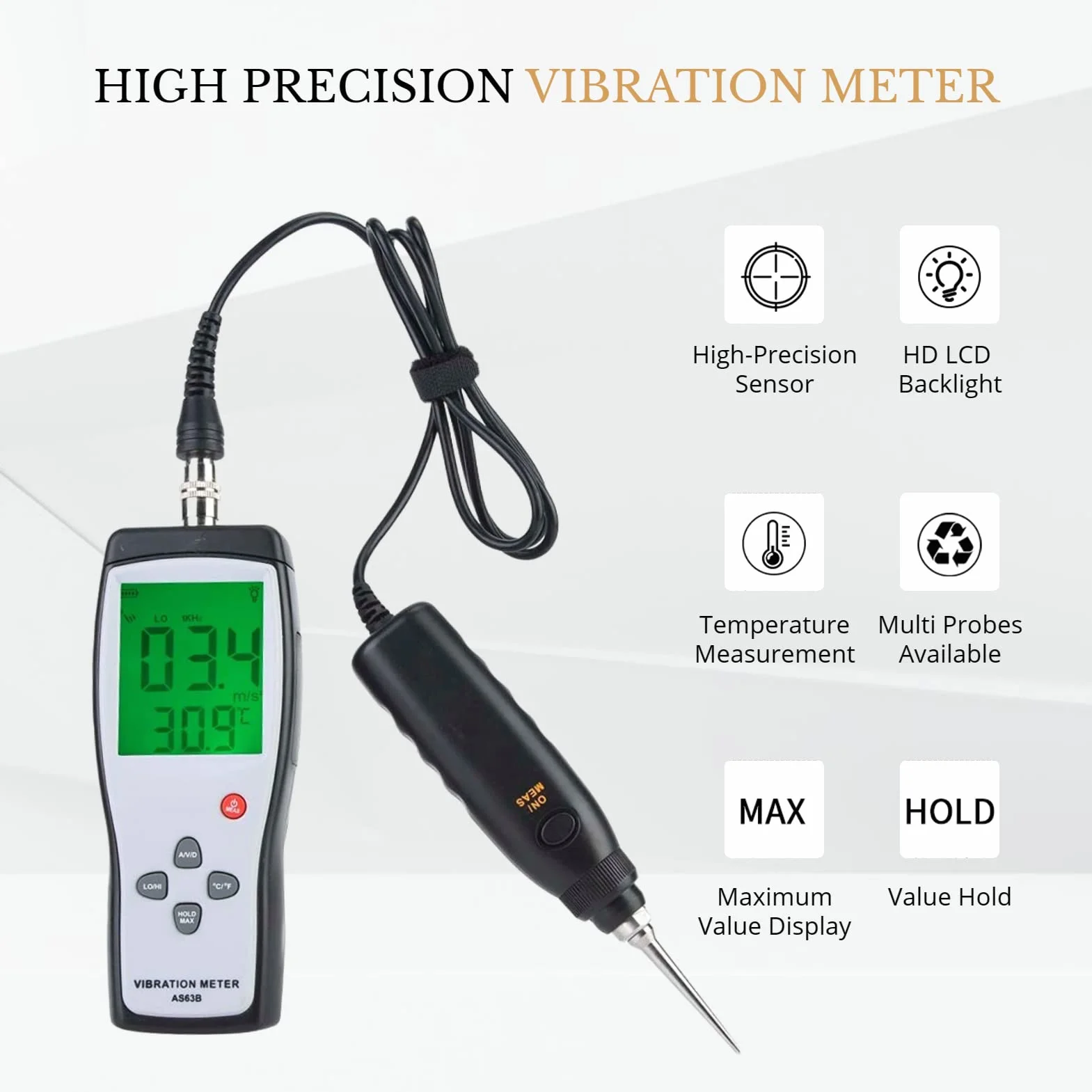 Vibrationstester, AS63B LCD-Display Hintergrundbeleuchtung, Tragbarer Vibrometer-Analysator, Hochempfindliches Vibrometer, Digitaler Vibrationsmesser mit Aufbewahrungskoffer