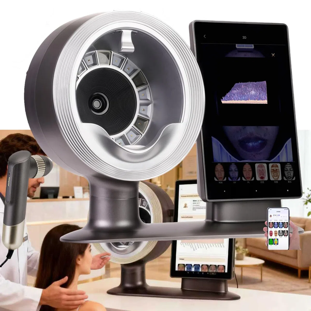 AI Smart Gesichtshaut Analysegerät | intelligenter Hautdetektor | 10 Spektrum | 20 Megapixel | Gegenlichtblende | 18 Testartikel | Hautsymptomanalyse