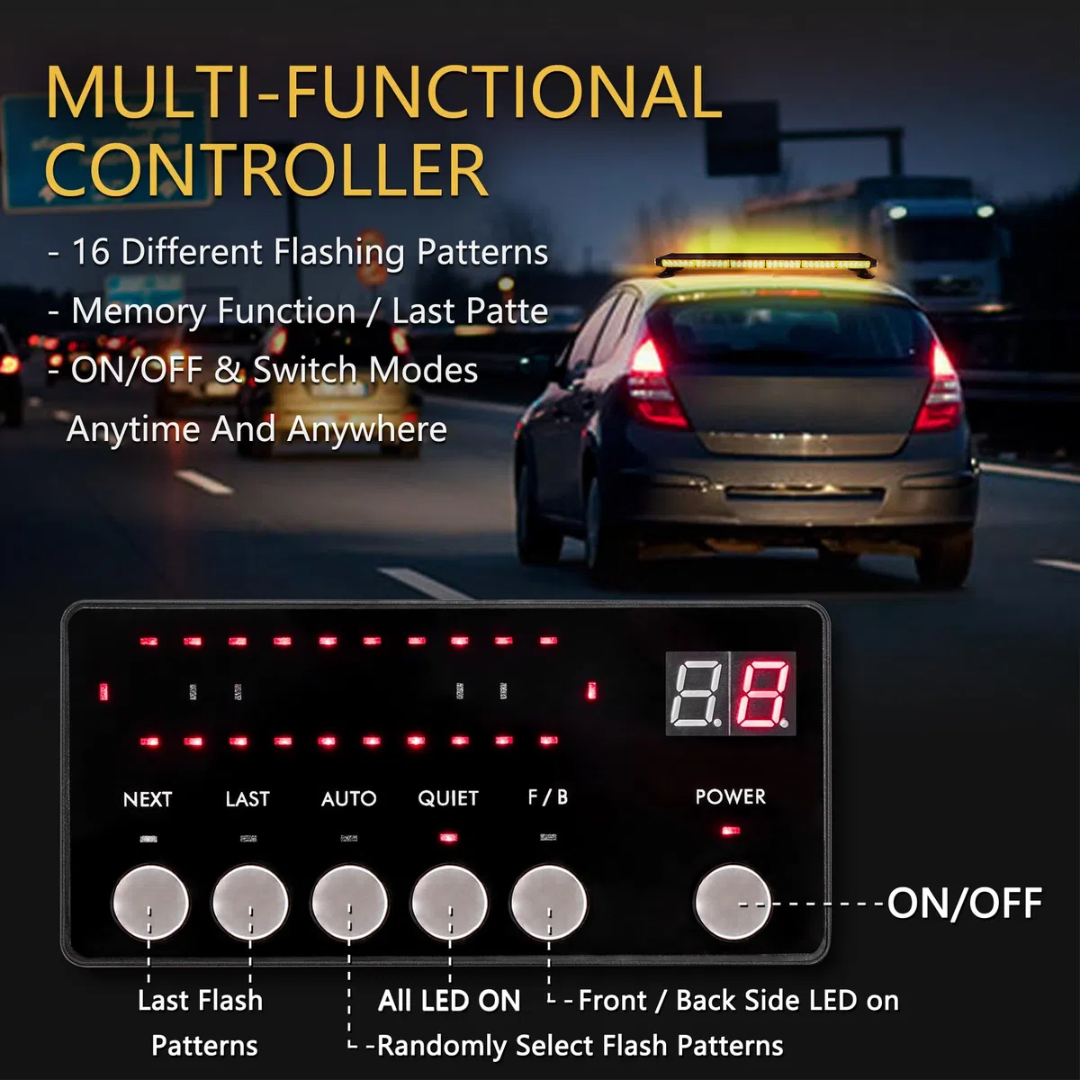 95cm 80LED Rundumleuchte - 12/24V Amber Warnleuchte Blinklicht, 16 Modi Wiederherstellungswarnung gelbes Magnet Notfallblinklampe für Truck Traktor Emergency KFZ LKW (Gelb)