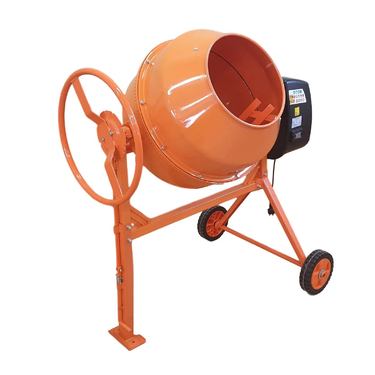 Betonmischer BAU160, 160L Trommel, 850W Motor, Orange, Stahlrahmen mit Metall-Zahnkranz, Kunststoffräder, Kipp-Handrad