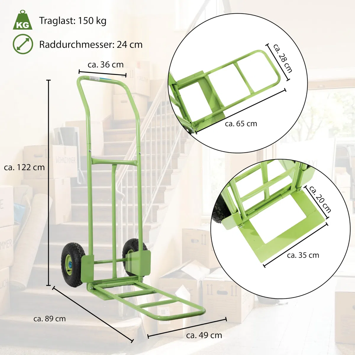 Sackkarre Paketsackkarre mit 2 Plattformen klappbar grün 150 kg Tragkraft 24 cm Reifendurchmesser 49 x 89 x 122 cm Gesamtmaße Transportkarre