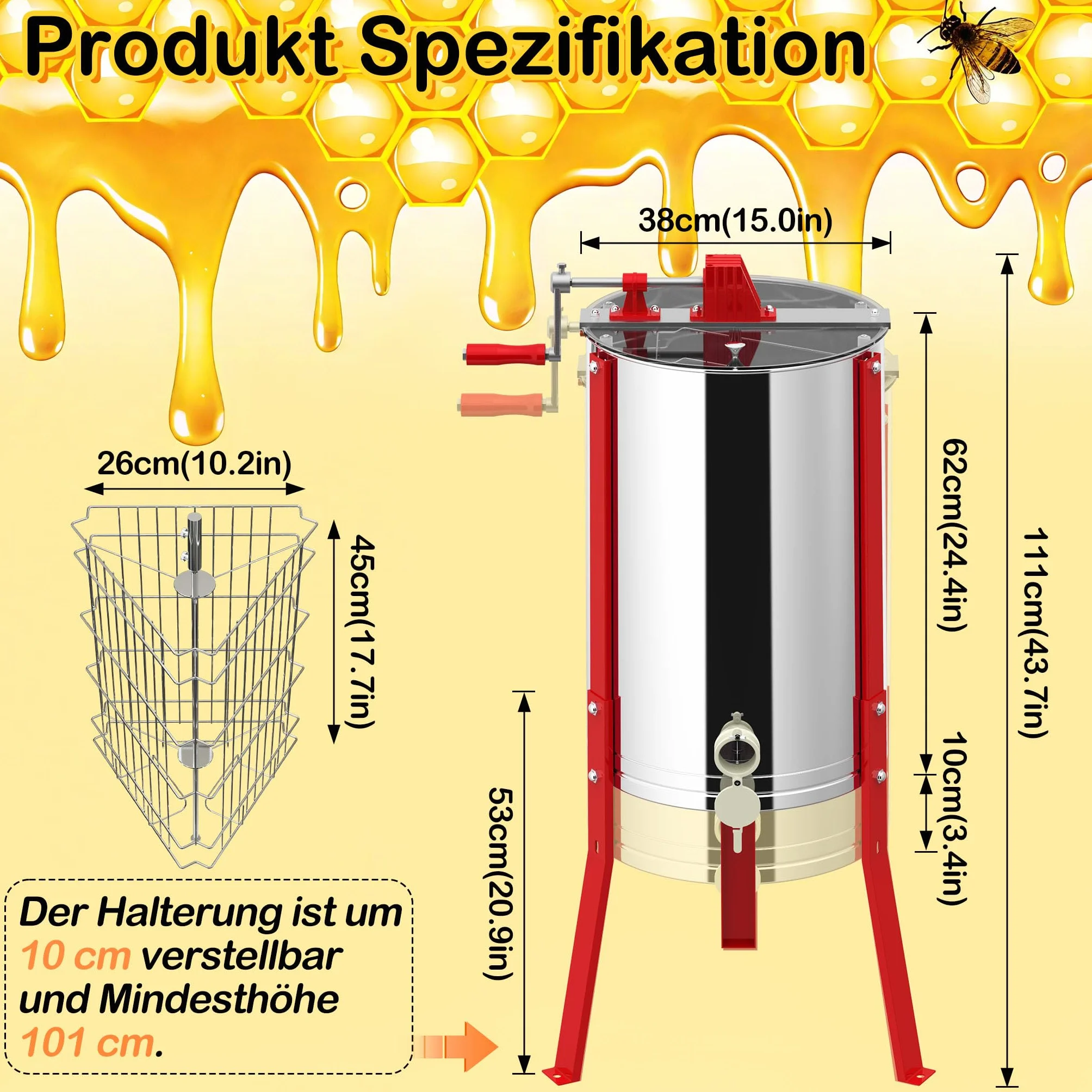 HENGMEI Honigschleuder aus Edelstahl 3 Waben Rahmen Manuelle Tangentialschleuder mit Handkurbel verstellbaren Beinen Honigextractor mit Deckel Honig-Extraktor Ø54 x 111 cm