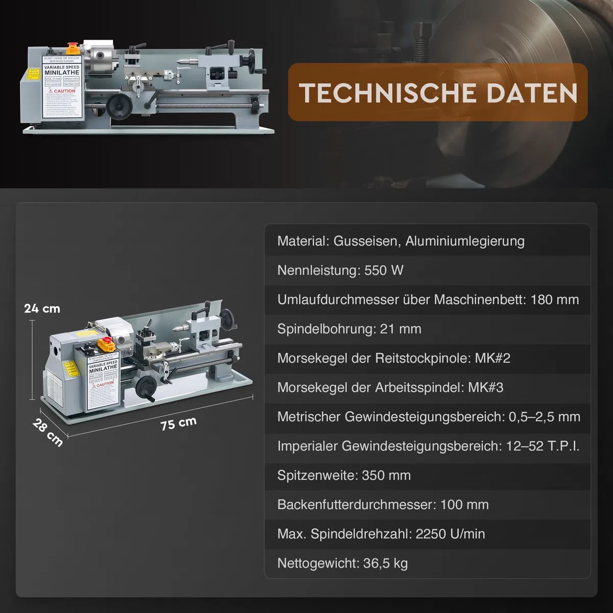 CREWORKS Metalldrehmaschine 550W Drehmaschine 7 x 14 Zoll Tischdrehmaschine 180 x 350MM Drehbank Metall 2250 RPM Mini-Metalldrehmaschine für Metallbearbeitung Metal Lathe (7 x 14 Zoll)