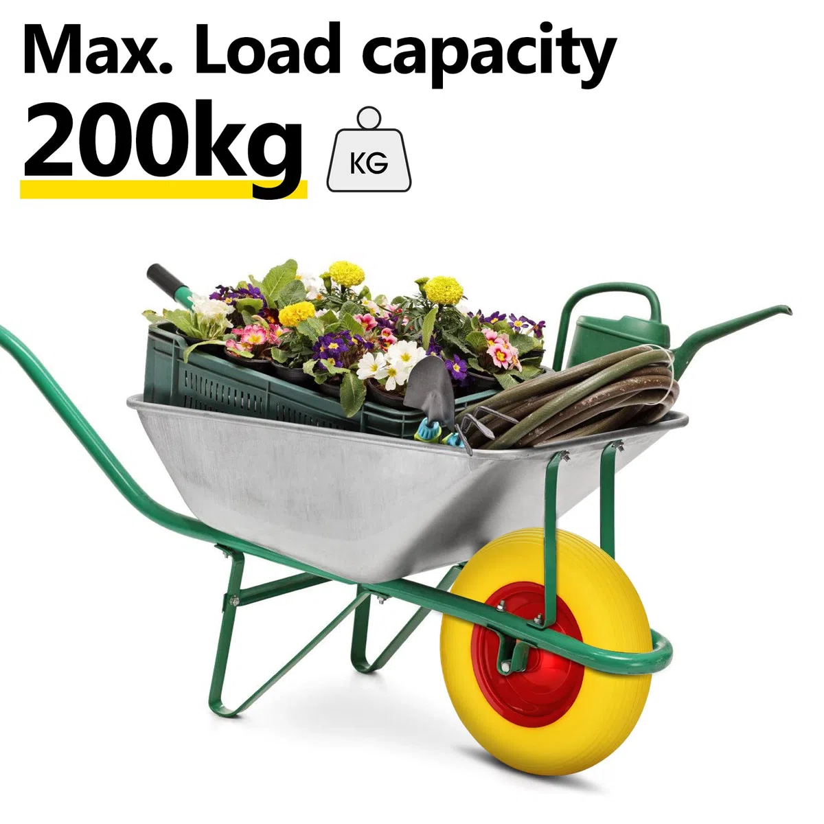 2x Schubkarrenrad Vollgummi mit Achse 4.80 4.00-8 Ø 390mm Gummirad, pannensicher, Stahlfelge PU Reifen gelb, für Gartenkarren